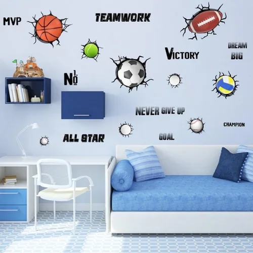 Vista 5 de YIMEHDAN Calcomanías de pared de pelotas deportivas 3D, fútbol, voleibol, rugby, baloncesto, tenis, vinilo para pared, diseño deportivo extraíble