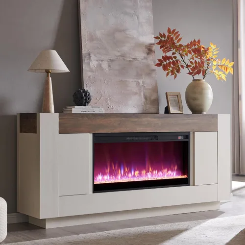 Vista 8 de OKD Soporte de TV con chimenea de 70 pulgadas para TV de 80 pulgadas Aliso Gris