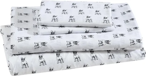 Vista 14 de Juego de sábanas de microfibra suave estampada de 4 piezas, White Puppy Love Amor de cachorro blanco