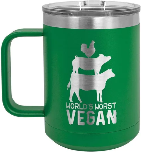Vista 12 de Worlds Worst - Taza de café vegana negra de 15 onzas con tapa superior deslizante, taza de café de viaje aislada Idea de regalo para barbacoa