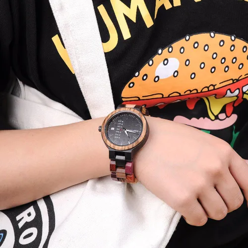 Vista 6 de BOBO BIRD Wood Watches Colorful Wood WristWatches Week & Date Display Multifunction Handmade Quartz Watch Sport Chronograph Unique Wristwatch for