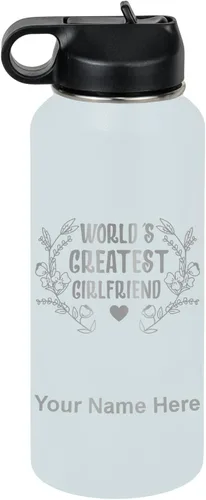 Vista 14 de LaserGram Botella de agua personalizada, World's Greatest Girlfriend, acero inoxidable de doble pared aislada al vacío con popote superior, regalo