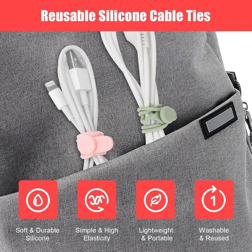 Vista 3 de Catcan - 24 bridas de silicona reutilizables para cables eléctricos, correas organizadoras de cables elásticos multiusos para agrupar cables