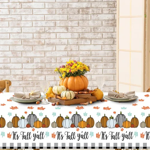 Vista 5 de Buryeah 3 manteles de plástico desechables de Acción de Gracias y otoño, mantel de arce a cuadros de calabaza, 51 x 86.6 pulgadas, rectangular