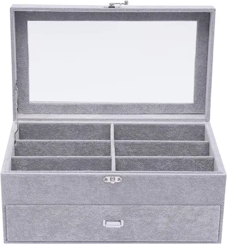 Vista 4 de Organizador de lentes de sol de 12 ranuras con parte superior de vidrio transparente para mujeres y hombres, elegante vitrina de gafas
