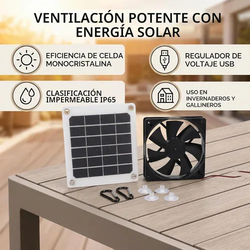 Vista 3 de Kit de ventilador extractor alimentado por energía solar, 6V 10W IP65 impermeable, gallinero de invernadero, carga USB