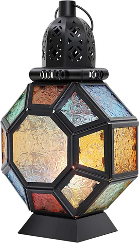 Vista 10 de Lewondr Farol de vela retro de hierro Ramadán, portátil de hierro forjado marroquí, de 10.2 pulgadas, portavelas decorativo, lámpara colgante