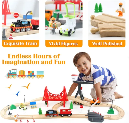 Vista 2 de WOOD CITY Juego de tren de madera, 56 piezas de lujo para niños de 2, 3, 4, 5 años, pista de tren temática de carga con grúa torre y puente