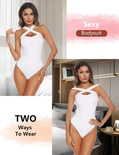 Vista 4 de Quzzion Body sexy para mujer cuello halter cruzado sin mangas doble forro overol