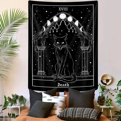 Vista 2 de Tapiz gótico de gato negro, bruja gótica tarot vertical para colgar en la pared para hombres, arte de brujería de anime estético en blanco y negro
