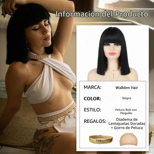Vista 2 de Peluca de cabello negro de 14 pulgadas con flequillo + diadema de lentejuelas doradas para mujer, disfraz de mujer, pelucas sintéticas resistentes