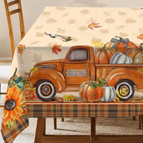 Vista 8 de Hexagram Mantel rectangular de otoño de 50 x 70 pulgadas, mantel de otoño naranja Mantel de camión de calabaza para el hogar, cocina, decoración