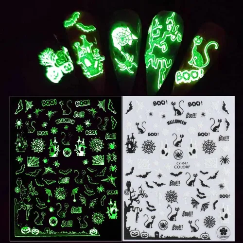 Vista 3 de Calcomanías de uñas de Halloween, que brillan en la oscuridad, calcomanías de uñas luminosas 3D, autoadhesivas, calabaza, calavera, murciélago