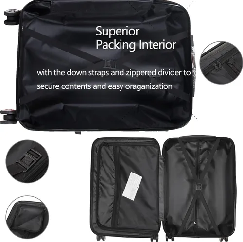 Vista 6 de Equipaje conjuntos, pc+abs Hardshell ligero durable Spinner ruedas maleta, Negro -, Equipaje conjuntos, pc+abs Hardshell ligero durable Spinner