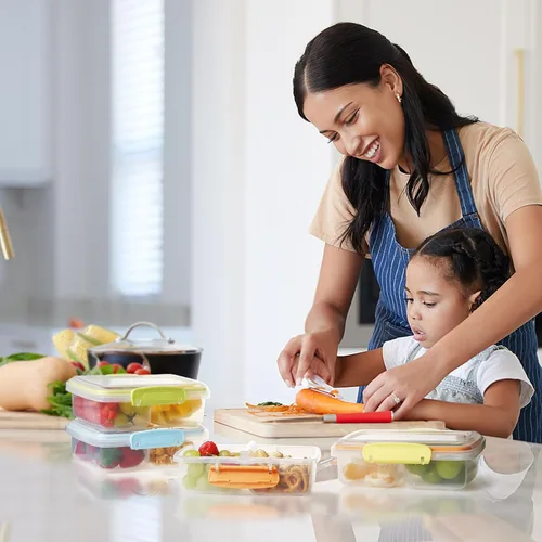 Vista 14 de Paquete de 4 recipientes de plástico para aperitivos con tapas, contenedor de alimentos de 2 compartimentos para caja de aperitivos para niños
