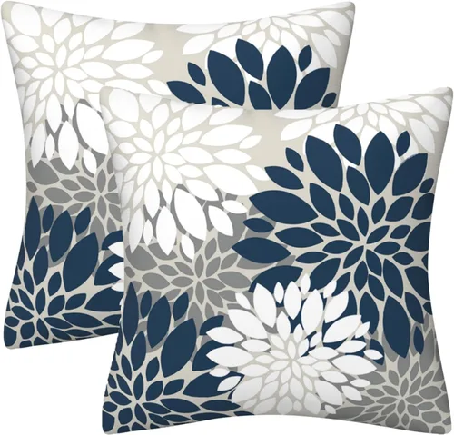 Vista 21 de Juego de 2 fundas de almohada decorativas de dalia azul marino, rojo, gris, dalia floral, para interiores y exteriores, funda de almohada de Floral 1