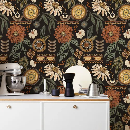 Vista 4 de Simon&Siff Papel tapiz bohemio para despegar y pegar, 17.3'' x 80" papel de contacto floral solar retro removible, flores botánicas oscuras, mural