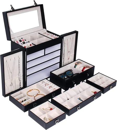 Vista 3 de FEIYAN Caja organizadora de joyas para mujer caja de joyería de piel sintética de 5 capas con todos los cajones cerrados organizador de joyas grande