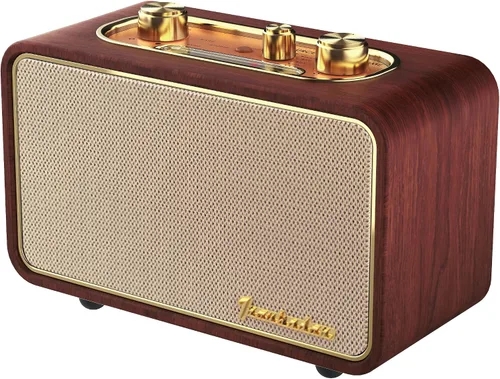 Vista 9 de Altavoz Bluetooth retro de madera, altavoz inalámbrico portátil vintage con placas frontales intercambiables, radio FM, subwoofer y dial giratorio