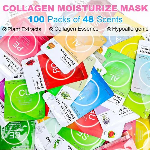 Vista 2 de VESPRO Paquete de 100 mascarillas de esencia de colágeno, mascarillas faciales a granel para el cuidado de la piel, mascarillas hidratantes
