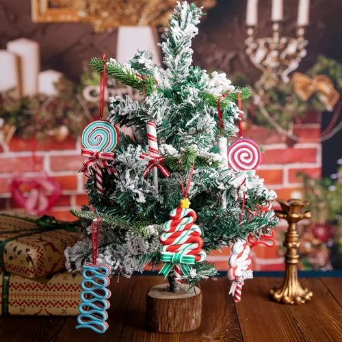 Vista 7 de Codree 8 piezas Adornos de piruleta de Navidad - Adornos de caramelo de Navidad de arcilla polimérica - Adornos navideños de bastón de caramelo B-8