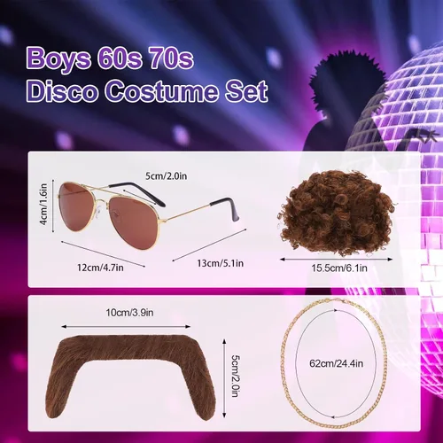 Vista 4 de Juego de 5 piezas de disfraz de discoteca de los años 60 y 70 para niños, camisas de lentejuelas, peluca afro, barba dorada, collar, gafas, fiesta