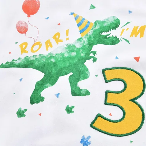 Vista 2 de WAWSAM Camiseta de cumpleaños para niño de 3 años, diseño de dinosaurio, de algodón, color blanco