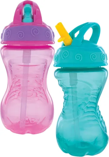 Vista 8 de Nuby Flip-It - Vasos duros con pajita Vari-Flo (paquete de 2) 10 onzas, resistentes a derrames, a partir de 12 meses, color aguamarina/rojo