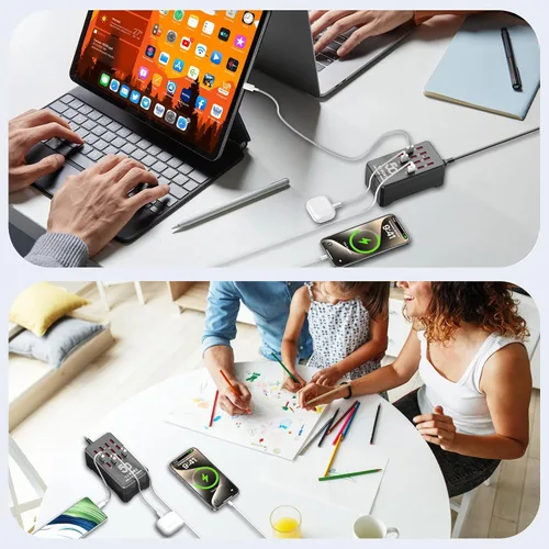 Vista 7 de Estación de carga USB de 50 W y 12 puertos para múltiples dispositivos, concentrador de carga USB portátil compatible con iPhone, Android, tableta