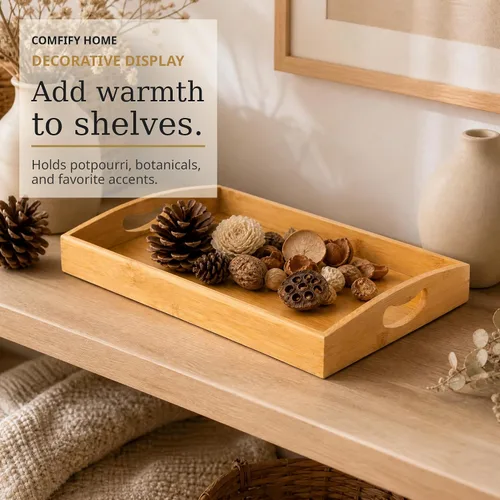 Vista 9 de Comfify Bandejas de bambú para servir, juego de 3 bandejas otomanas para alimentos, entretenimiento y decoración, diseño minimalista Natural