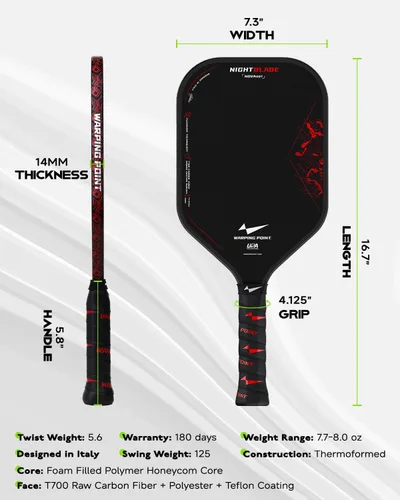 Vista 5 de Nightblade Raw Carbon Fiber Pickleball Paddle, Foam Filled Polymer Honeycomb Core, UPA-A & USAPA Approved, Endura Friction Surface, Long Handle for