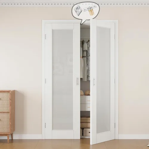 Vista 14 de Puertas francesas con cierre de bola de 36 x 80 pulgadas, 3 paneles de vidrio esmerilado de núcleo sólido preacabadas y pintables puertas dobles