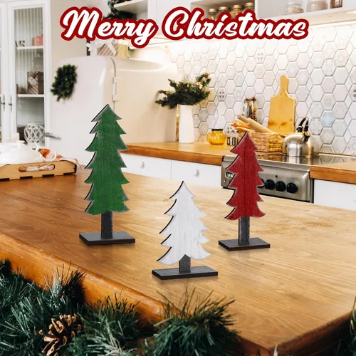 Vista 6 de Meooeck 3 piezas de árboles de Navidad de madera verde, blanca y roja, decoración rústica de Navidad, centros de mesa para mesas con base