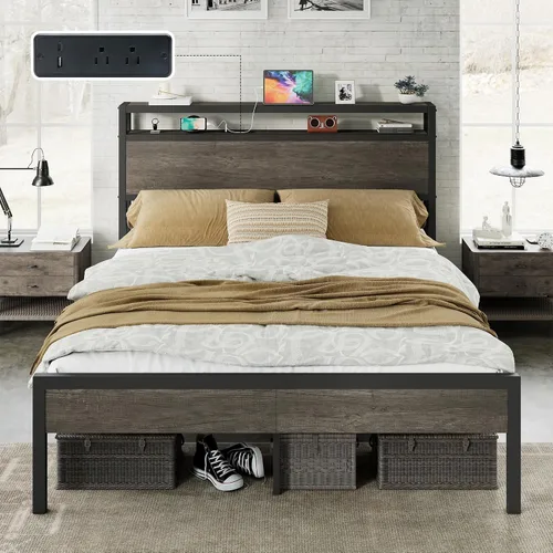 Vista 12 de AMERLIFE Base de cama tamaño Queen con cabecera de almacenamiento y estación de carga, cama de plataforma de metal industrial con gran Negro