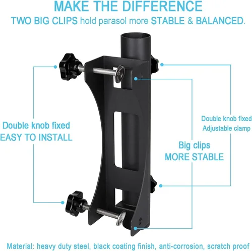Vista 3 de Soporte resistente para sombrilla de patio al aire libre, clip fijo, abrazadera ajustable para sombrilla con perilla giratoria de mano