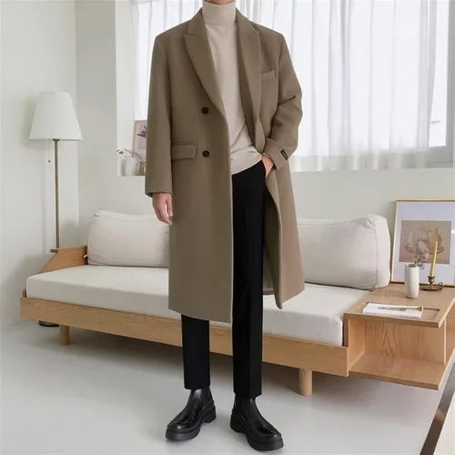 Vista 2 de Mens Coat Double Breasted Notched Lapel Collar Knee Length Outdoor Classic Windbreaker Winter