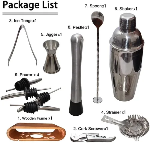 Vista 2 de Juego de coctelera, coctelera de 25.4 fl oz, juego de herramientas de barra de acero inoxidable, kit de barman con soporte de exhibición