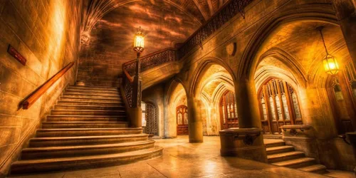 Vista 8 de AOFOTO Telón de fondo interior de castillo medieval vintage de 5 x 3 pies, columnas de arco retro, fondo de fotografía, escalera antigua, luz tenue