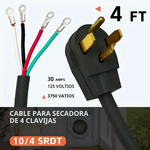 Vista 2 de Cable de secado de 4 puntas, 4 pies SRDT 10/4, cable de alimentación de extensión de electrodomésticos de 30 amperios, NEMA 14-30, negro