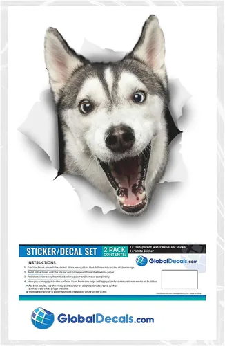 Vista 5 de Winston & Bear Calcomanías 3D para perros, paquete de 2 unidades, diseño de Husky feliz para pared, nevera, inodoro y más, calcomanías de pared