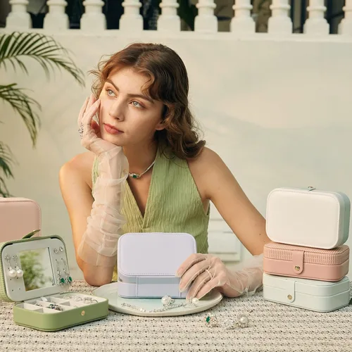 Vista 9 de Vlando Joyero pequeño, organizador de joyas de viaje para aretes, collar, anillo, organizador de joyas de viaje portátil de doble capa para mujeres