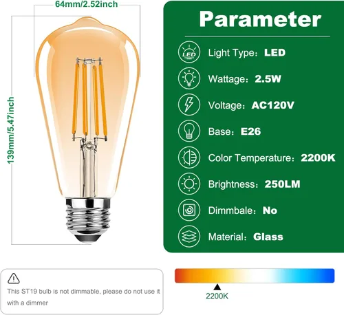 Vista 2 de ST19 Bombillas LED Edison vintage, bombilla LED E26 equivalente a 25 W, bombillas de filamento LED vintage, 2.5 W blanco cálido 2200 K, 250 lúmenes