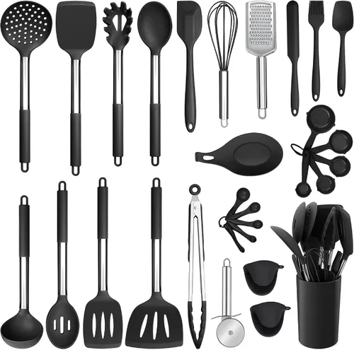 Vista 15 de E-far Juego de utensilios de cocina de silicona, 7 piezas de utensilios de cocina resistentes al calor con mango de acero inoxidable, espátula