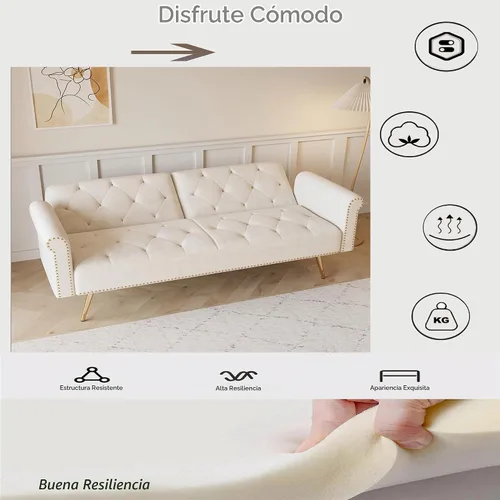 Vista 7 de Sofá Cama Futón de Terciopelo Moderno 2 en 1, Sofá Cama Plegable Convertible con 2 Almohadas, Loveseat Reclinable Acolchado de 63" con Patas de Beige