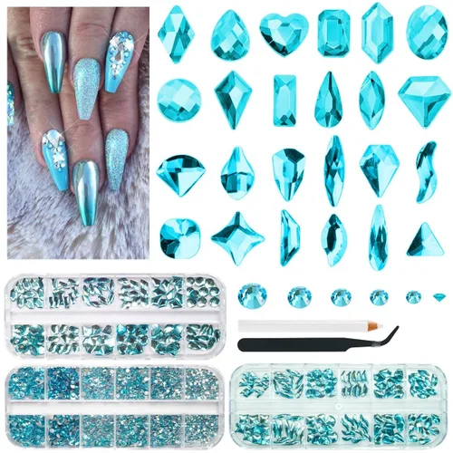 Vista 6 de qiipii 24 estilos de diamantes de imitación de aguamarina para uñas, piedras azul lago, diamantes K9 de vidrio, cristales planos azul agua, gemas