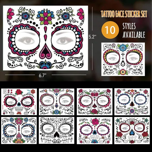 Vista 6 de Tatuajes faciales del Día de los Muertos, paquete de 10 tatuajes faciales temporales de Halloween, tatuaje facial de calavera de azúcar para adultos