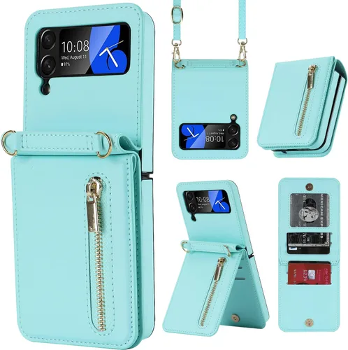 Vista 12 de Funda de lujo con cremallera para Samsung Galaxy Z Flip 3, con función atril, tarjetero ajustable, correa cruzada ajustable, funda con tapa a