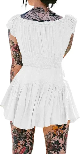 Vista 4 de Vestido pirata para mujer, con hombros descubiertos, vestido de verano con mangas de farol, con volantes, acampanado, casual, mini vestido de corsé