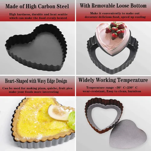 Vista 3 de Mini bandeja para tartas, 6 moldes para quiche en forma de corazón de 4 pulgadas, con un molde inferior extraíble, utilizado para postres, hornear
