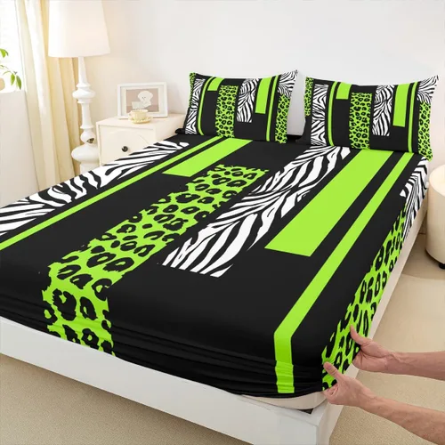 Vista 25 de Sábana bajera ajustable con estampado de leopardo, tamaño individual, juego de ropa de cama rústica con rayas de piel de cebra, decoración
